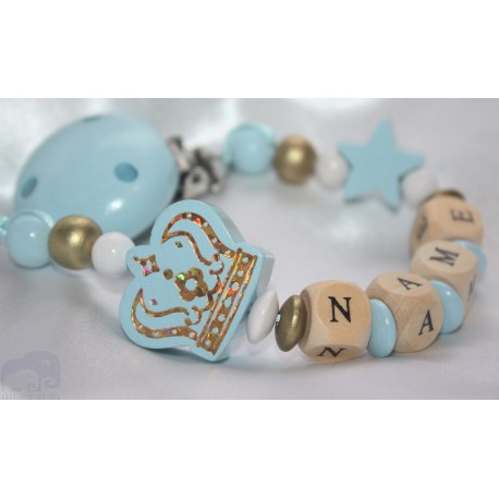 Blue Big Crown Personalised Wooden Dummy Clip, Holder,Strap, Chain