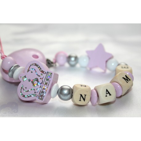 Pink / Silver Big Crown Personalised Wooden Dummy Clip, Holder,Strap, Chain