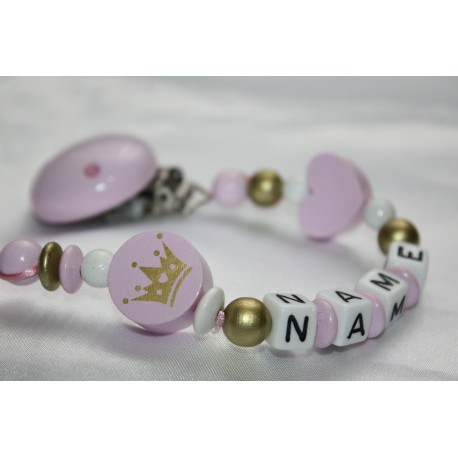 pink Gold Crown Personalised Wooden Dummy clip / Chain
