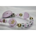 Pink / Gold Crown Personalised Wooden Dummy clip / Chain