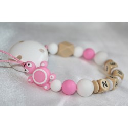 Pink Turtle Personalised Wooden Dummy Chain , Silicone Dummy Clip