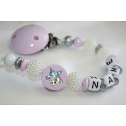Pink Star Shamballa / Personalised Wooden Dummy Clip / Chain / Holder / Pacifier /shower gift