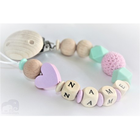 Personalised Pink Heart Crochet Wooden Dummy Clip /wooden pacifier holder pacifier chain