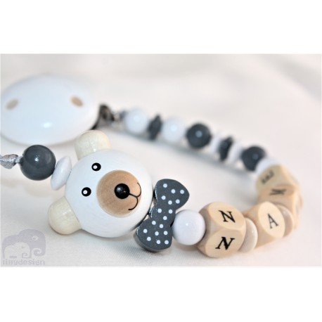 3D GREY Teddy Bear Personalised Wooden Dummy Clip / Chain / Holder / Pacifier