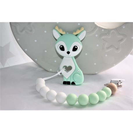 Mint Deer teether, silicone teether, Dummy clip