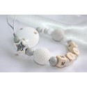 Personalised dummy clip, White /Grey Crochet & Shiny Star wooden chain