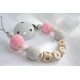 Personalised dummy clip, White & Grey Crochet wooden chain