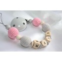Personalised dummy clip, White & Grey Crochet wooden chain