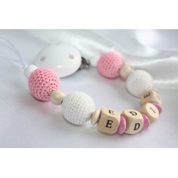 Personalised dummy clip, White & Pink crochet wooden chain
