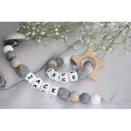 Grey Star Personalised Pacifier Clip + Teether | Silicone Pacifier Clip | Custom Pacifer Clip