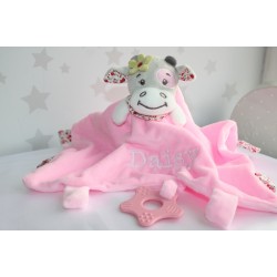 Personalised Pink Cow Comforter / Tags Blanket / Teether Blanket / Knotted Blanket / Activity Baby Blanket / Soother Blanket