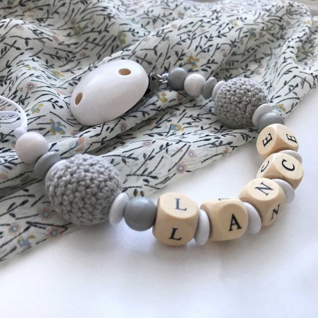 Personalised Wooden Dummy Clip/ Chain Grey Crochet - Baby Shower Gift