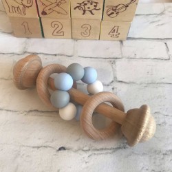 Montessori inspired Wooden Rattle - Blue ,Grey , White - Wooden Silicone Rattle, Wooden Teether