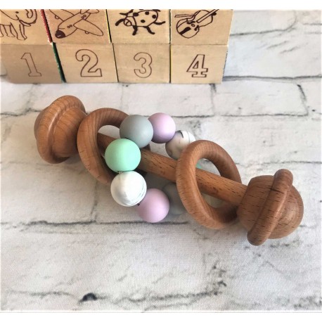 Wooden Rattle - Marble, Grey, Mint.. - Wooden Silicone Rattle, Wooden Teether