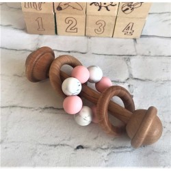 Wooden Rattle - Pink , Marble - Wooden Silicone Rattle, Wooden Teether
