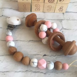 Wooden Rattle /Dummy Clip/ Silicone dummy chain/ Wooden dummy Clip / Pink , Marble -