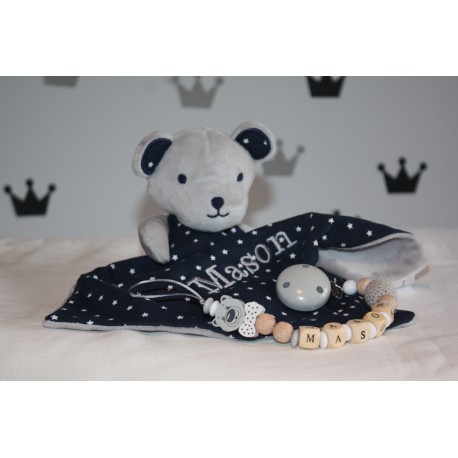 Personalised Grey Teddy Bear Star Print Snuggle / Baby shower gift / First Baby toys / Personalised Blanket / Baby Gift Set