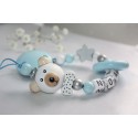 3D BLUE Teddy Bear & Teething Personalised Wooden Dummy Chain, Dummy Clip, Pacifer clip, Baby Teether, Baby shower Gift