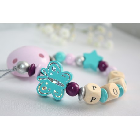 Shiny BUTTERFLY & STAR Aqua Personalised Wooden Dummy Clip / Chain / Holder