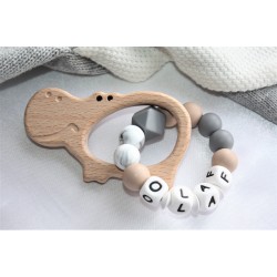 Personalised Wooden Silicone Baby Rattle Teething Toy - Grey Hippo