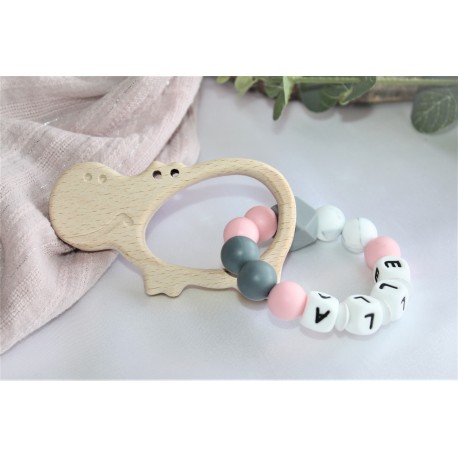 Personalised Wooden Silicone Baby Rattle Teething Toy - Pink Hippo