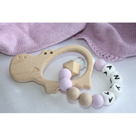 Personalised Wooden Silicone Baby Rattle Teething Toy - Lilac Hippo