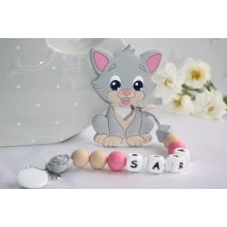 Grey Cat Personalised Dummy clip , Personalised Teether