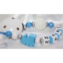 Blue Crochet Locomotive Personalised Wooden Dummy clip / Chain