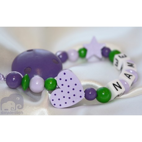 Purple Dots Heart & Star Personalised Wooden Dummy Clip / Chain / Holder / Pacifier