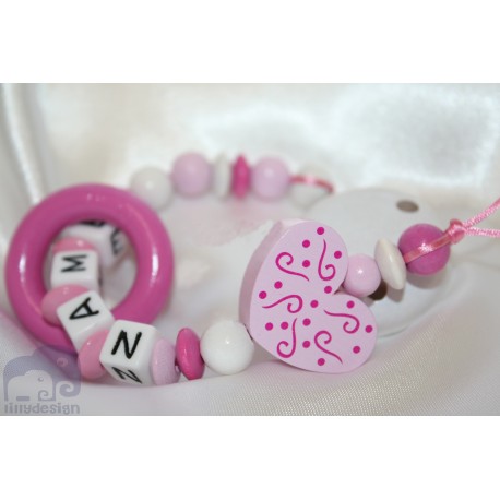 Pink Heart Teething Ring Personalised Wooden Dummy Clip / Chain / Holder / Pacifier