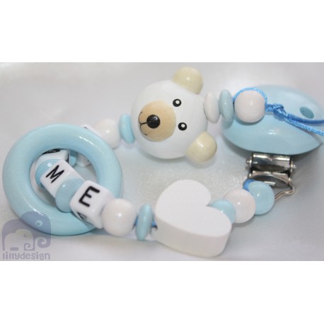 3D Teddy Bear *BLUE* Teething Ring Personalised Wooden Dummy Clip / Chain / Holder / Pacifier