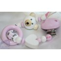 3D Teddy Bear *PINK* Teething Ring Personalised Wooden Dummy Clip / Chain / Holder / Pacifier