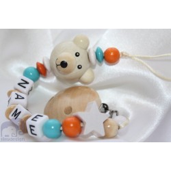 3D Natural Teddy Bear Personalised Wooden Dummy Clip / Chain / Holder / Pacifier