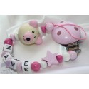 3D Pink Teddy Bear Personalised Wooden Dummy Clip / Chain / Holder / Pacifier