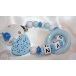 Blue Heart Teething Ring Personalised Wooden Dummy Clip / Chain / Holder / Pacifier