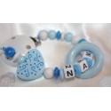 Blue Heart Teething Ring Personalised Wooden Dummy Clip / Chain / Holder / Pacifier