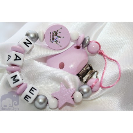 Glitter Crown Pink Personalised Wooden Dummy clip / Chain