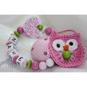Crochet Pink OWL & HEART Personalised Wooden Dummy clip / Chain