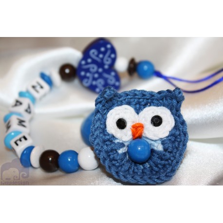 Crochet Blue OWL & HEART Personalised Wooden Dummy clip / Chain