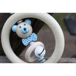 3D Blue Teddy Bear Wooden Natural Baby Rattle
